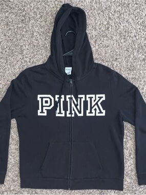 PINK Victoria's Secret Black Zip Hoodie with White Logo